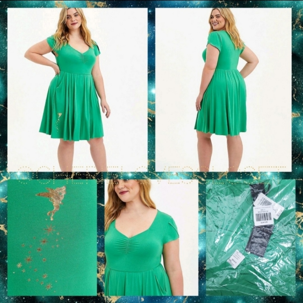 TORRID Disney Tinkerbell Shirred Skater Dress! NWT! - Picture 2 of 7